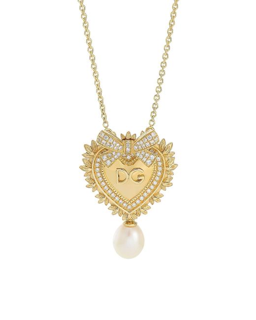 Dolce & Gabbana 18K Yellow 6MM Oval Freshwater Pearl Diamond Sacred Heart Necklace
