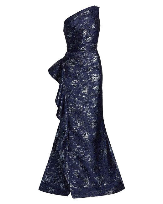 Teri Jon by Rickie Freeman Jacquard One-Shoulder Gown