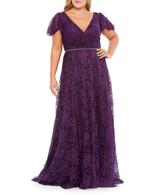 Mac Duggal Lace Flutter-Sleeve Gown