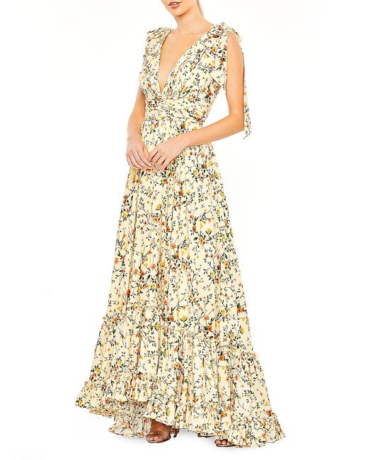 Mac Duggal Tiered Sleeveless Floral Print Gown