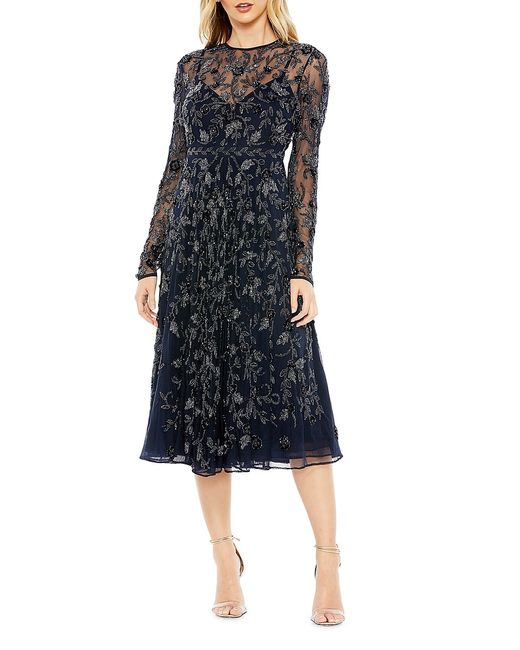 Mac Duggal Long-Sleeve Embellished Floral Midi-Dress