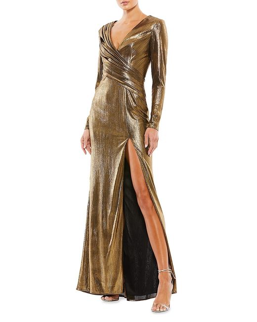 Mac Duggal Metallic Long-Sleeve Asymmetrical Ruched Gown