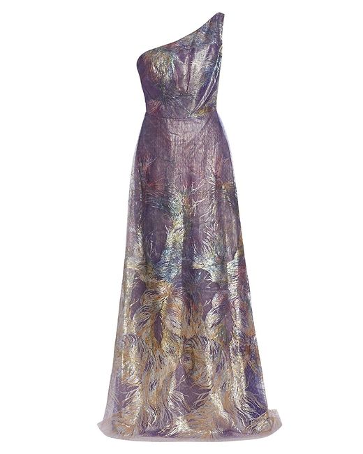 Rene Ruiz Collection One-Shoulder Feather Brocade Gown