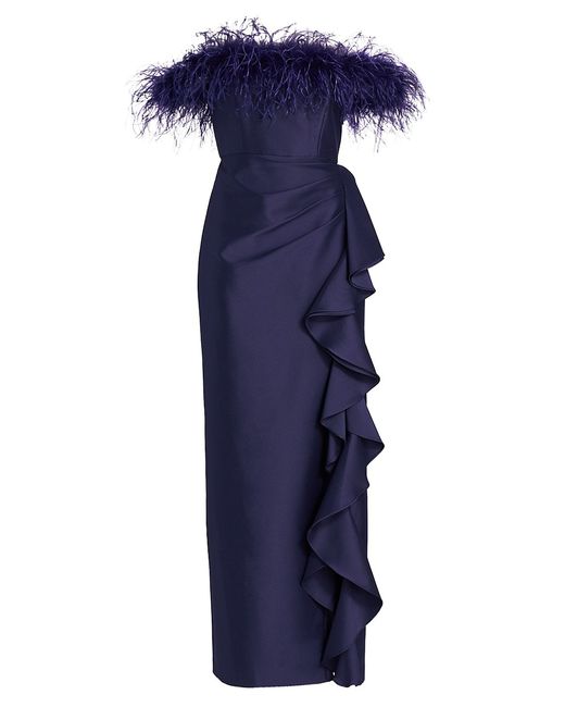 Badgley Mischka Off-The-Shoulder Feather Ruffle Gown