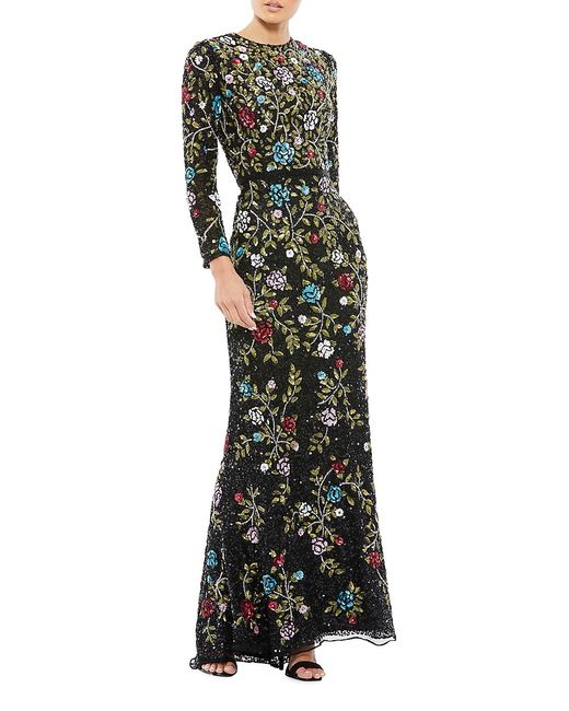 Mac Duggal Long-Sleeve Floral Embellished Gown