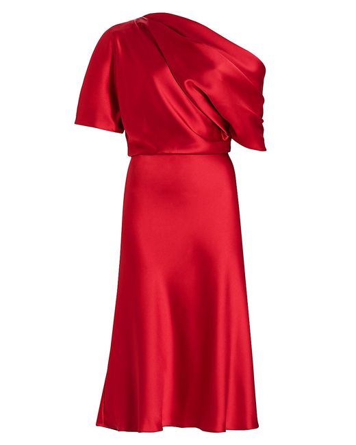 Amsale Draped Satin One-Shoulder Midi-Dress