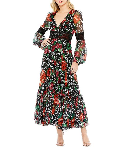 Mac Duggal V-Neck Floral Puff-Sleeve Ruffle Dress
