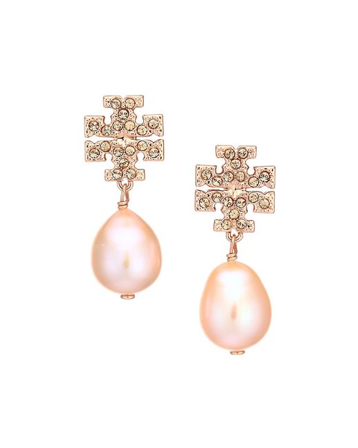 Tory Burch Goldtone Crystal Faux-Pearl Logo Drop Earrings