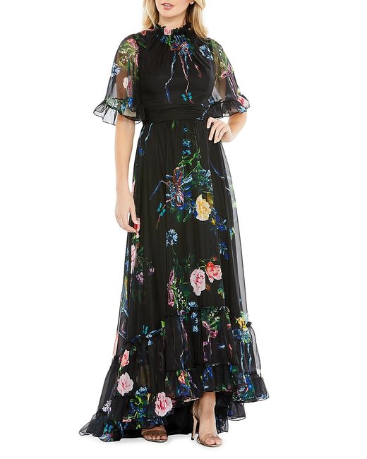 Mac Duggal Floral High-Neck Flutter-Sleeve Gown
