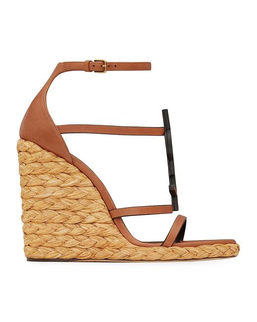 Saint Laurent Cassandra Wedge Espadrilles in Smooth Vegetable-Tanned Leather with Monogram