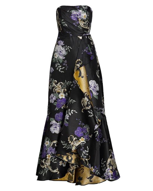 Marchesa Notte Floral Strapless Ruffle Gown