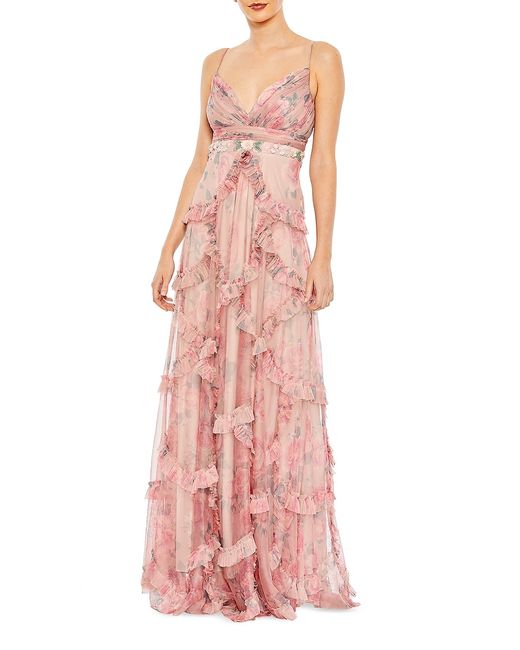 Mac Duggal Floral Bead-Embellished Ruffle Gown