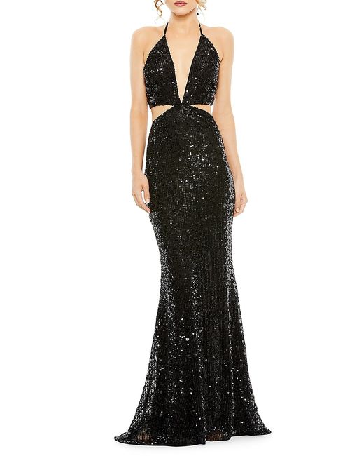 Mac Duggal Sequined Cut-Out Halter Gown