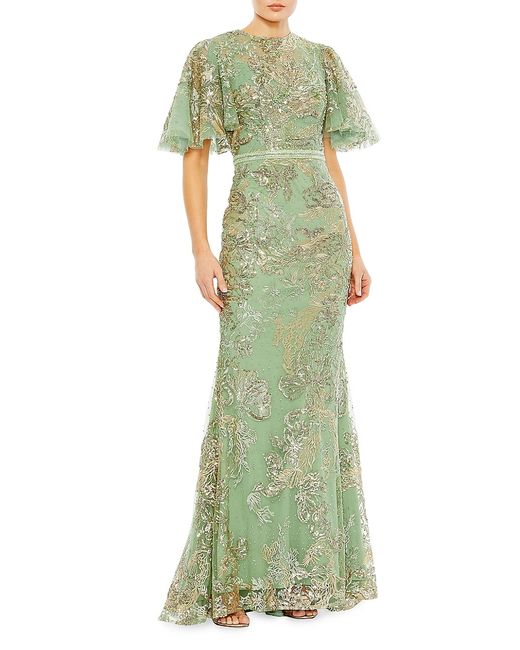 Mac Duggal Embellished Flutter-Sleeve High-Neck Gown