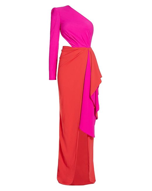 Michael Costello Collection Evelyn One-Shoulder Colorblocked Draped Gown