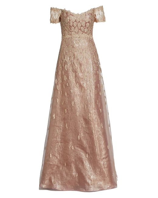 Rene Ruiz Collection Metallic Embellished Off-The-Shoulder Gown