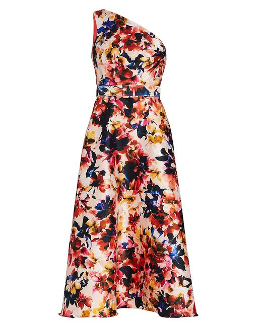 Badgley Mischka Floral-Printed One-Shoulder Midi-Dress