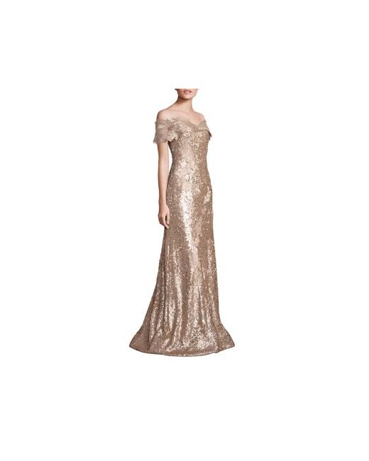 Rene Ruiz Off-the-Shoulder Sequin Lace Applique Gown