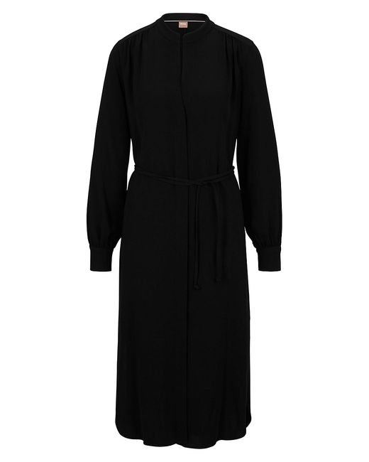 Boss Belted Shirt Dress With Collarless Styling And Button Cuffs
