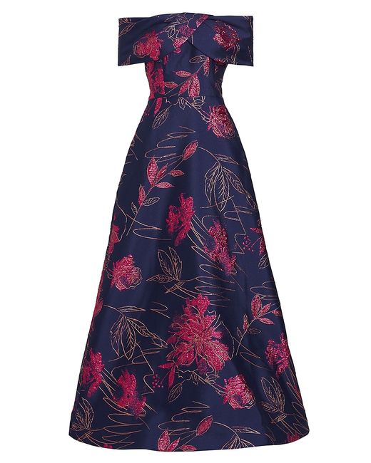 Teri Jon by Rickie Freeman Floral Jacquard Off-The-Shoulder Gown