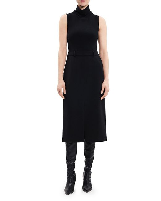 Theory Funnel-Neck Crepe Belted Dress