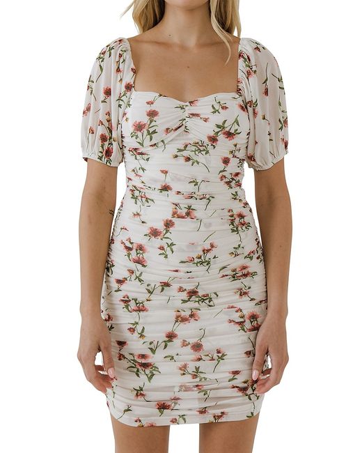 Endless Rose Floral Mesh Ruched Mini Dress with Short Sleeves