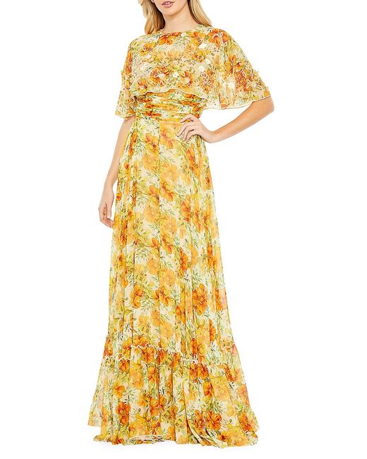 Mac Duggal Embellished Floral Cape-Sleeve Gown