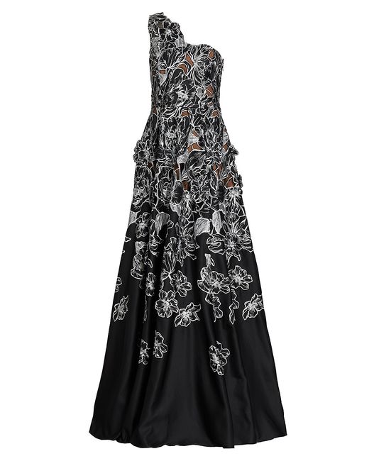 Marchesa Notte Floral-Embroidered One-Shoulder Gown