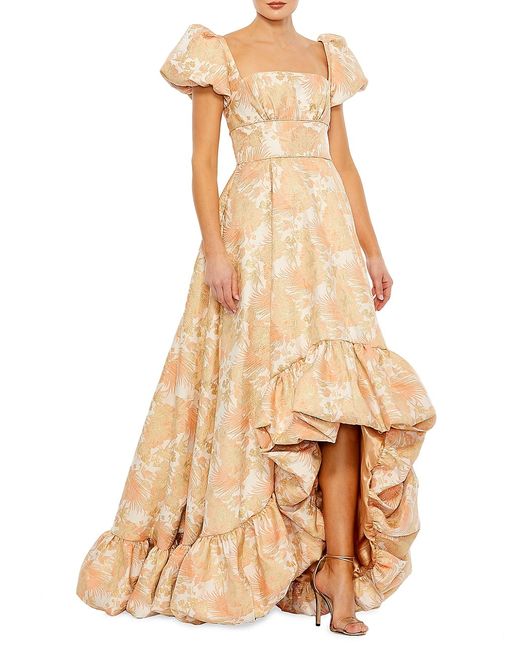 Mac Duggal Puff-Sleeve High-Low Brocade Gown