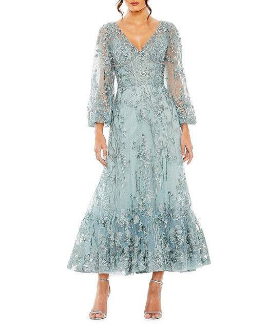 Mac Duggal Embroidered Puff-Sleeve Gown
