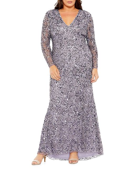 Mac Duggal Plus V-Neck Sequin Embellished Long-Sleeved Gown