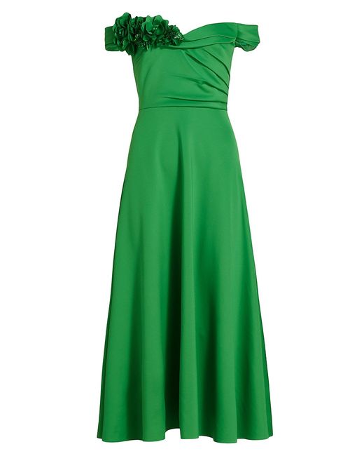 Badgley Mischka Off-the-Shoulder Rosette Midi-Dress