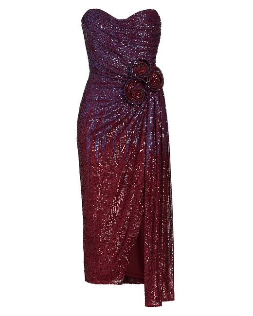 Badgley Mischka Sequined Rosette Strapless Midi-Dress
