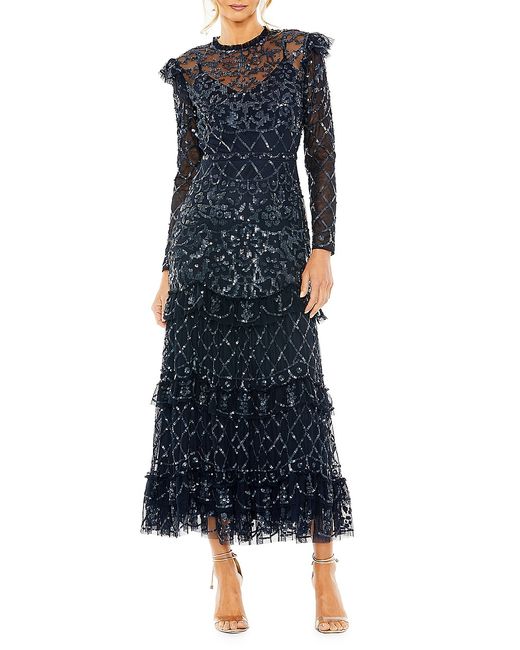Mac Duggal Embellished Tiered Long-Sleeve Gown