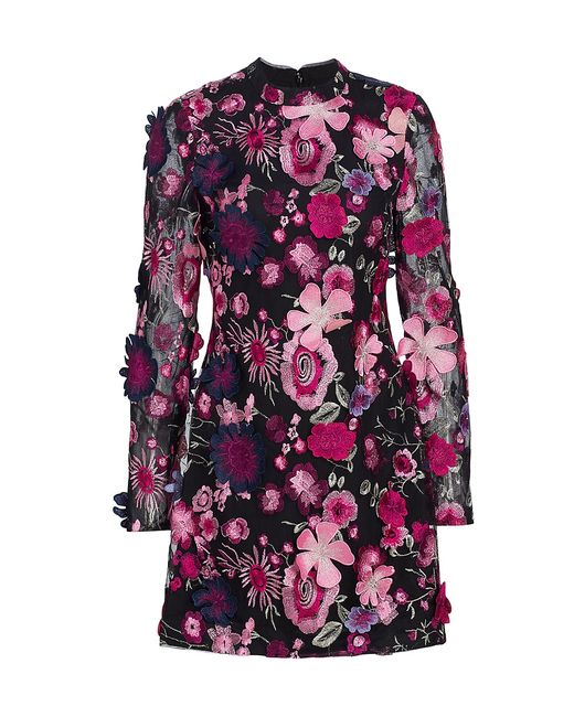 Monique Lhuillier Long-Sleeve Floral-Embroidered Minidress