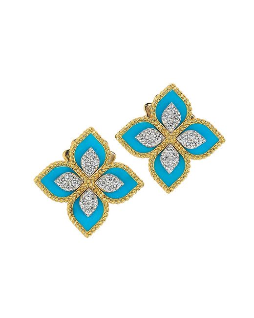 Roberto Coin Venetian Princess 18K Turquoise 0.35 TCW Diamond Flower Stud Earrings