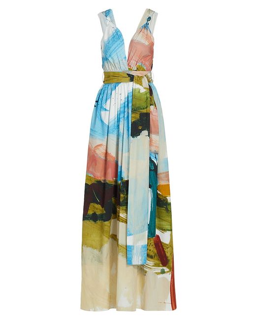 Oscar de la Renta Abstract Landscape Print Tie Maxi Dress