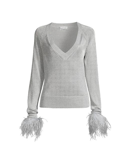 Milly Feather-Trimmed Metallic Knit Pullover Sweater