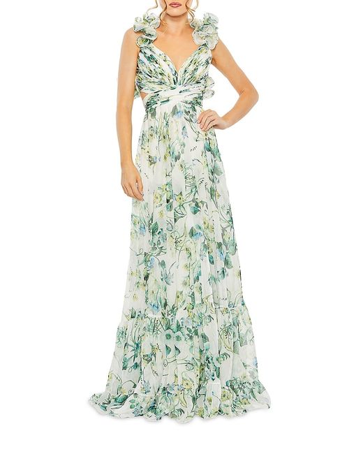 Mac Duggal Floral Ruffle Lace-Up Gown