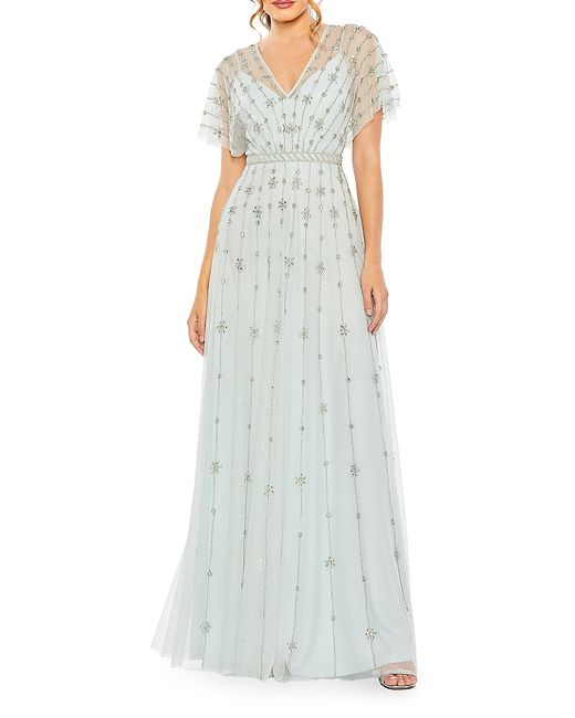Mac Duggal Crystal-Embellished Flutter-Sleeve A-Line Gown