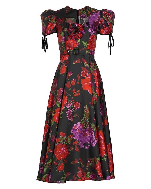 Rodarte Floral Puff-Sleeve Midi-Dress