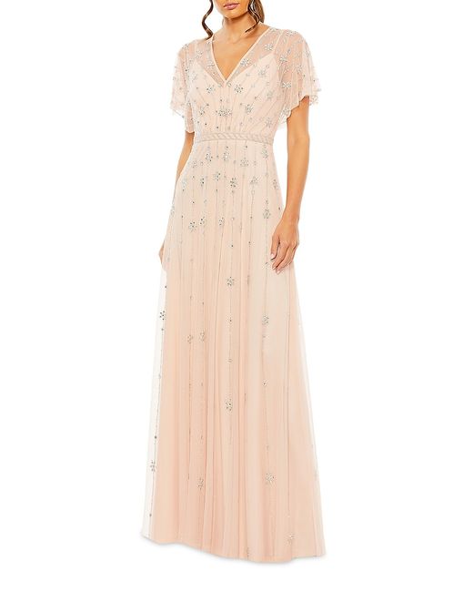Mac Duggal Crystal-Embellished Flutter-Sleeve A-Line Gown