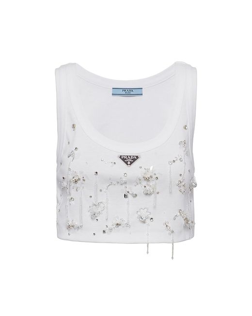 Prada Embroidered Ribbed Knit Jersey Top
