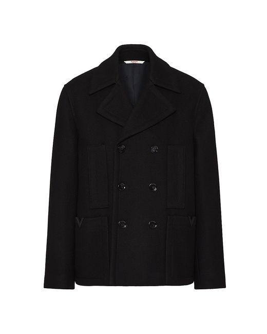Valentino Garavani Technical Wool Cloth Peacoat With Rubberized V Detail