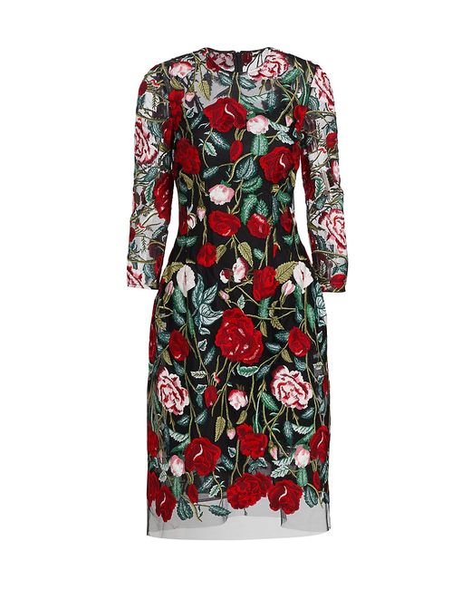 Teri Jon by Rickie Freeman Floral-Embroidered Illusion Midi-Dress