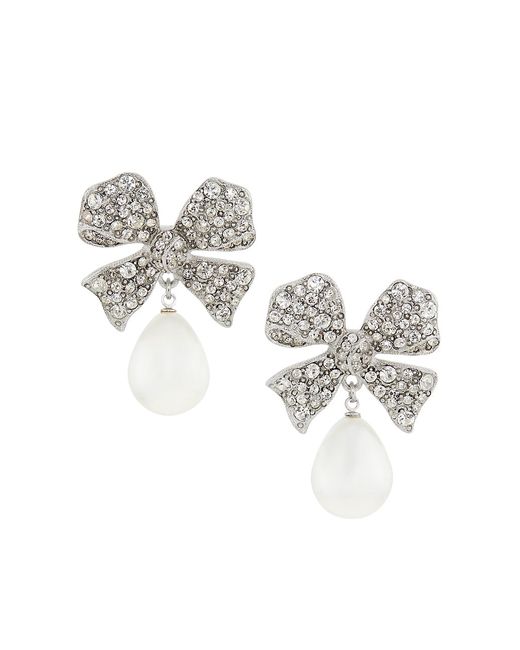 Kenneth Jay Lane Rhodium-Plated Imitation Pearl Glass Crystal Bow Drop Earrings