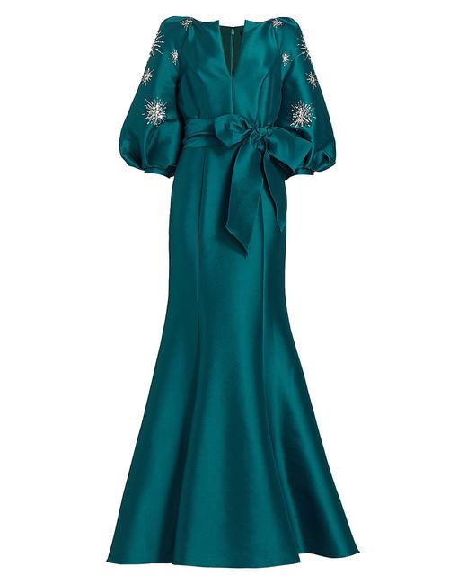 Badgley Mischka Embellished Blouson-Sleeve Gown