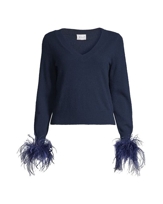 Milly V-Neck Feather-Cuff Sweater