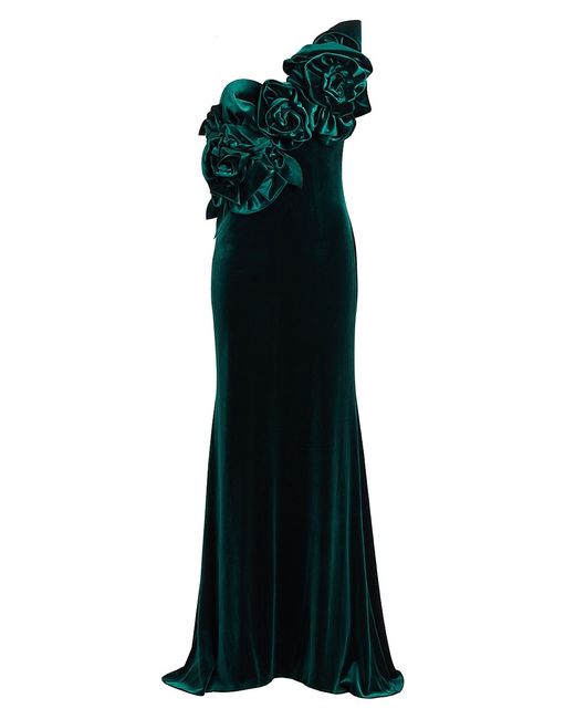 Badgley Mischka Solid Rosette One-Shoulder Gown