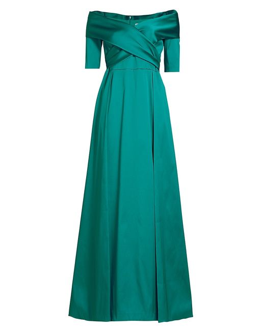 Teri Jon by Rickie Freeman Satin Off-the-Shoulder A-Line Gown